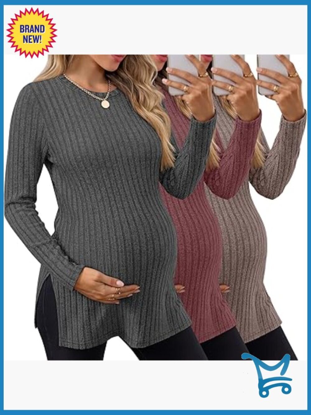 3 Pack Maternity Long Sleeve Ribbed Split Side Tunic Tops